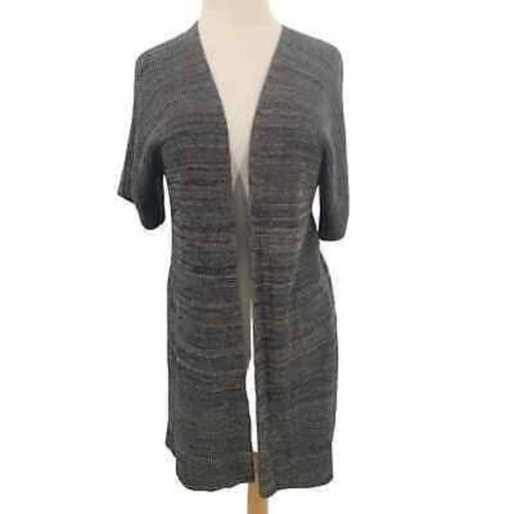 Eileen Fisher Women's SS Long Open Front Cardigan Sweater Gray/Black Woven XXS